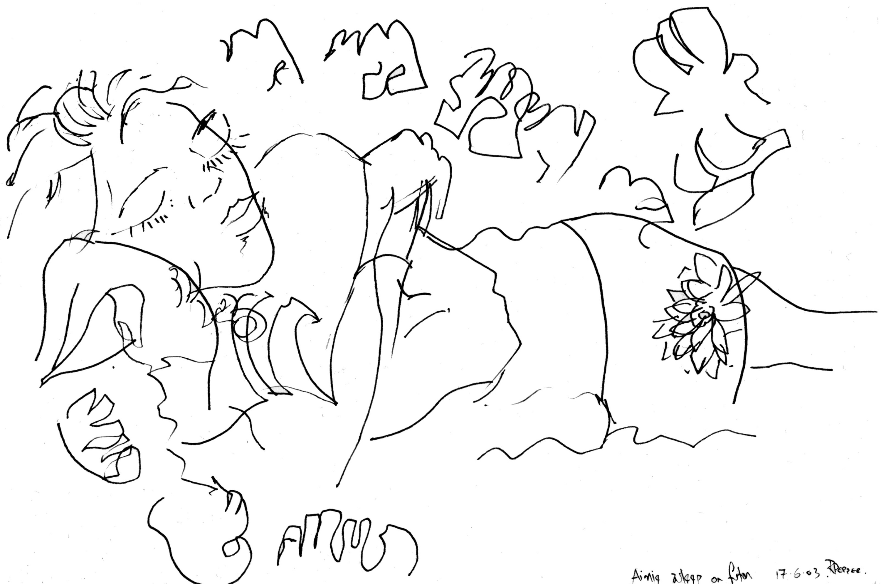 asleep on futon, Ink, Pen on paper