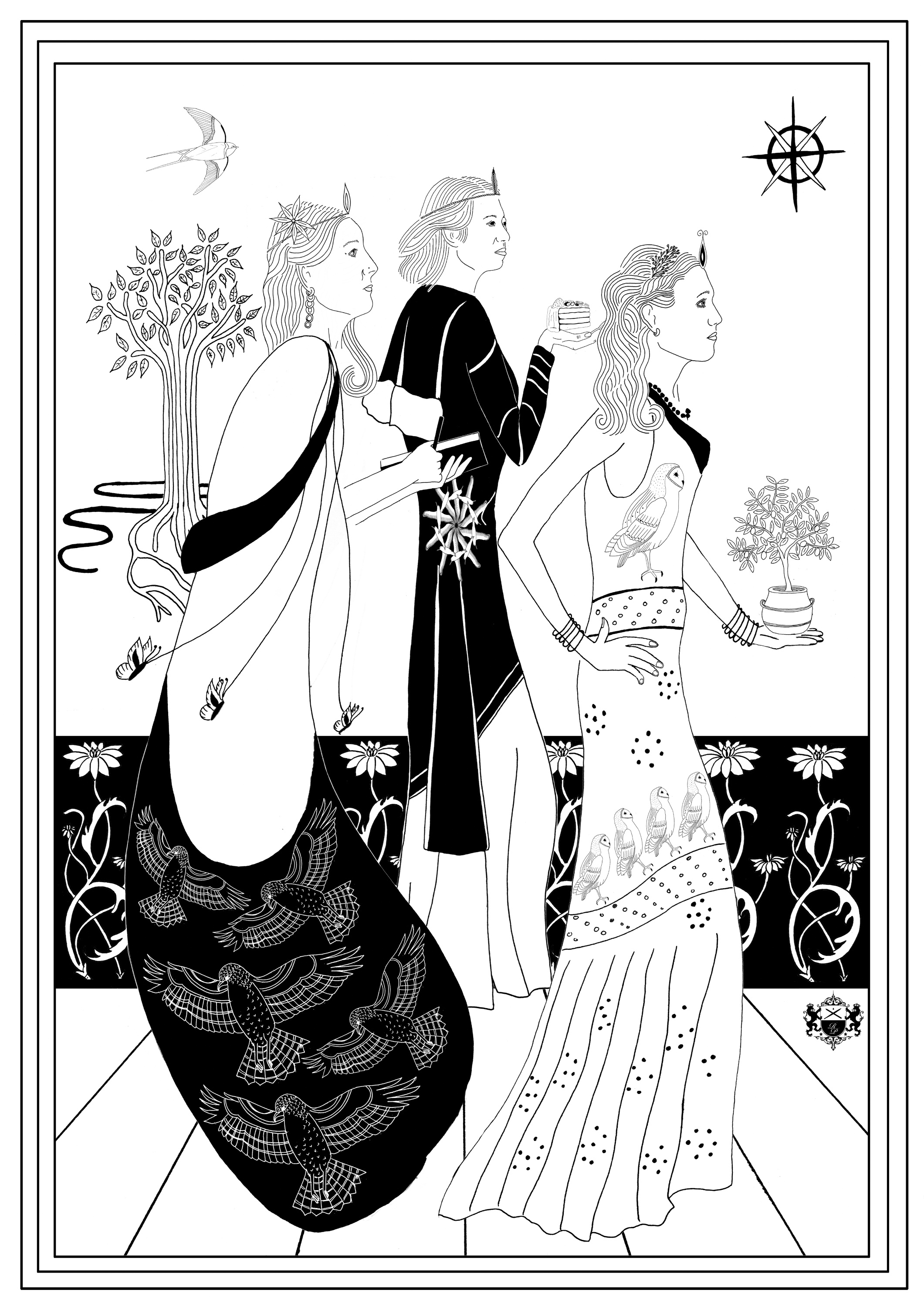 Three Woman Kings, Ink, Pen and ink